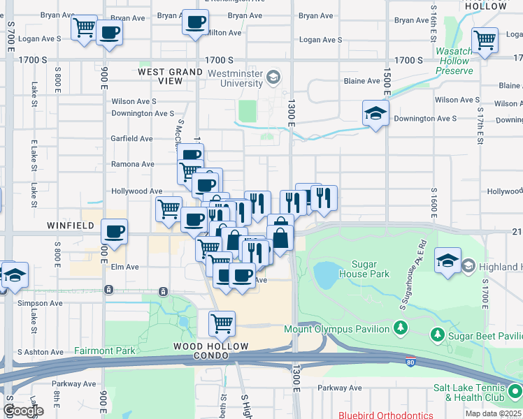 map of restaurants, bars, coffee shops, grocery stores, and more near 2004 Douglas Street East in Salt Lake City
