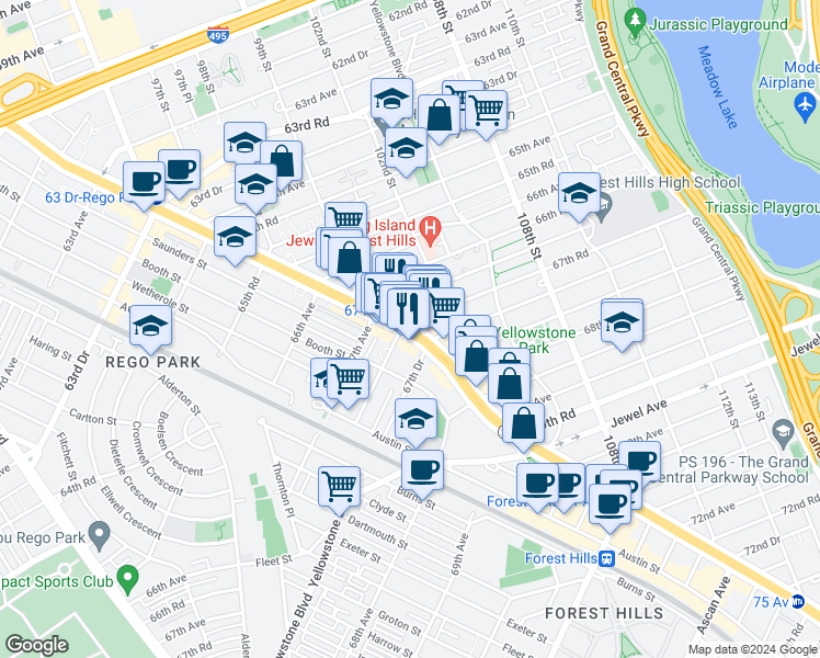 map of restaurants, bars, coffee shops, grocery stores, and more near 10045 Queens Boulevard in Queens