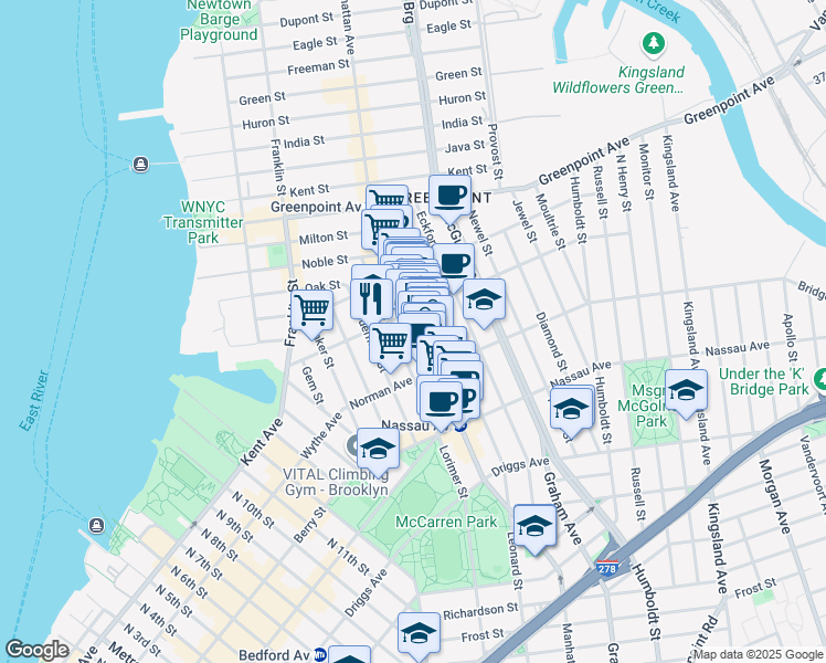map of restaurants, bars, coffee shops, grocery stores, and more near 751 Manhattan Avenue in Brooklyn