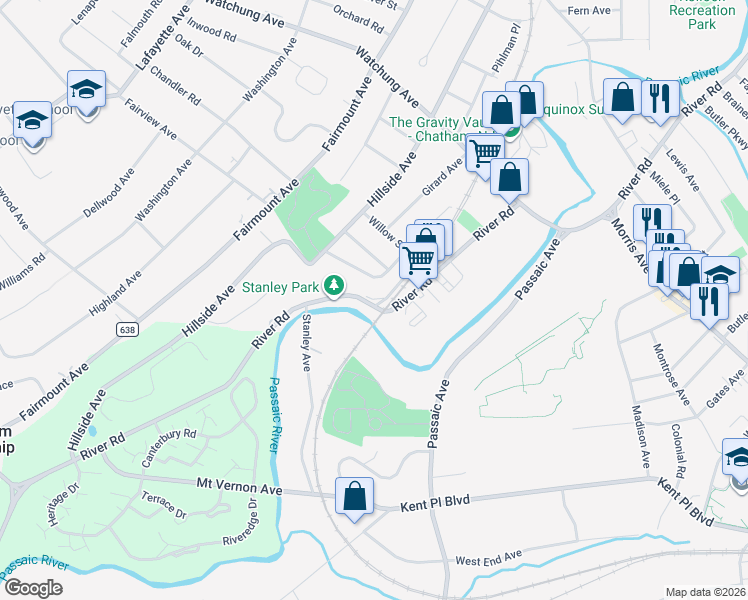 map of restaurants, bars, coffee shops, grocery stores, and more near 1 Lackawanna Avenue in Chatham