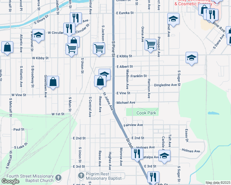 map of restaurants, bars, coffee shops, grocery stores, and more near 505 East Vine Street in Lima
