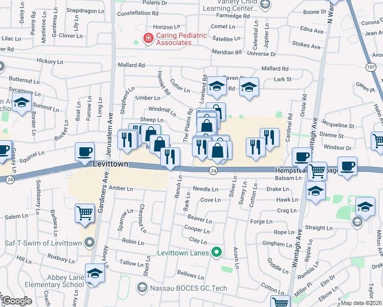 map of restaurants, bars, coffee shops, grocery stores, and more near 124 Hamlet Road in Levittown