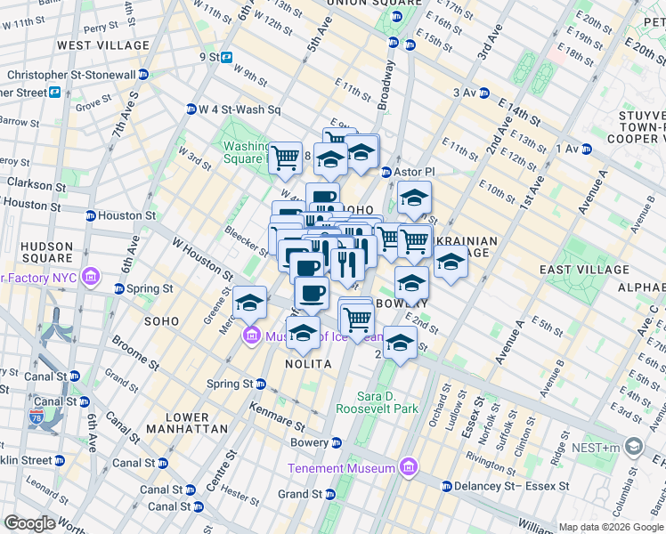 map of restaurants, bars, coffee shops, grocery stores, and more near 30 Bond Street in New York