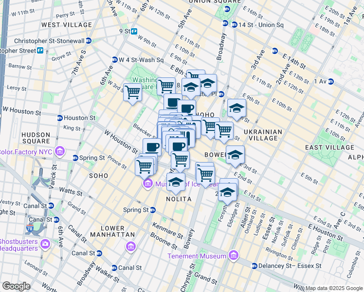 map of restaurants, bars, coffee shops, grocery stores, and more near 65 Bleecker Street in New York
