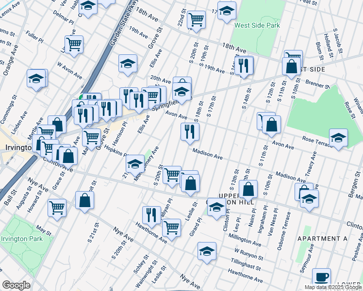 map of restaurants, bars, coffee shops, grocery stores, and more near 853 South 18th Street in Newark