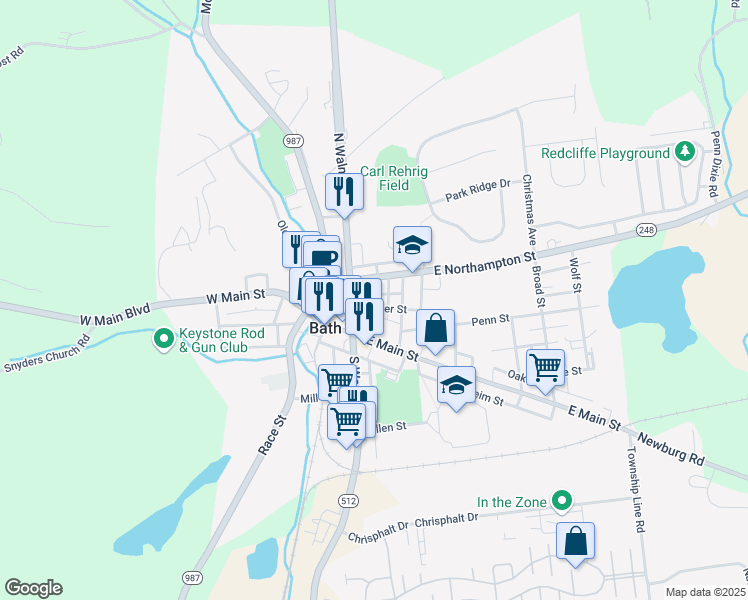 map of restaurants, bars, coffee shops, grocery stores, and more near 121 Center Street in Bath