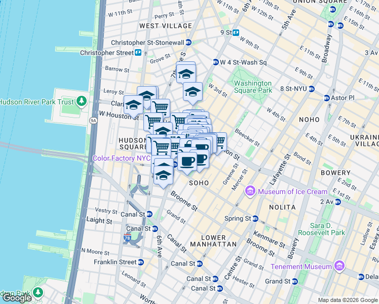 map of restaurants, bars, coffee shops, grocery stores, and more near 144 Sullivan Street in New York