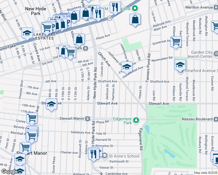 map of restaurants, bars, coffee shops, grocery stores, and more near 119 Jackson Street in Garden City