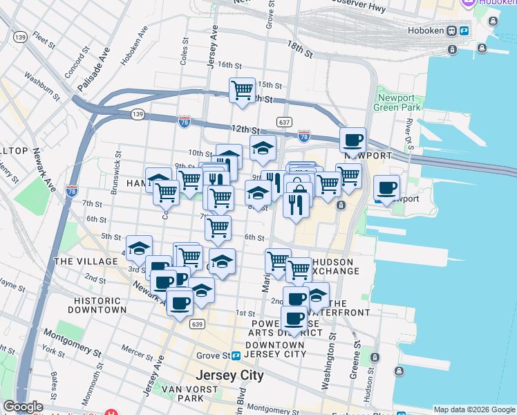 map of restaurants, bars, coffee shops, grocery stores, and more near in Jersey City