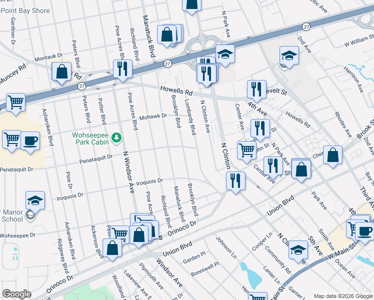 map of restaurants, bars, coffee shops, grocery stores, and more near 492 Brooklyn Boulevard in Brightwaters