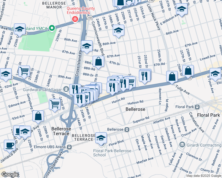 map of restaurants, bars, coffee shops, grocery stores, and more near 247-63 90th Avenue in Queens