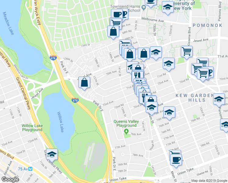 map of restaurants, bars, coffee shops, grocery stores, and more near 136-57 71st Road in Queens