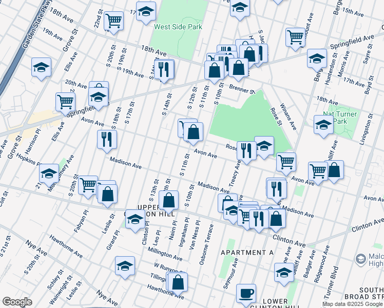 map of restaurants, bars, coffee shops, grocery stores, and more near 776 South 11th Street in Newark