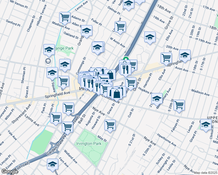 map of restaurants, bars, coffee shops, grocery stores, and more near 26 Washington Avenue in Irvington