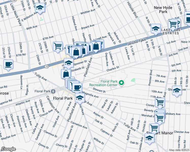 map of restaurants, bars, coffee shops, grocery stores, and more near 10 Charles Street in Floral Park