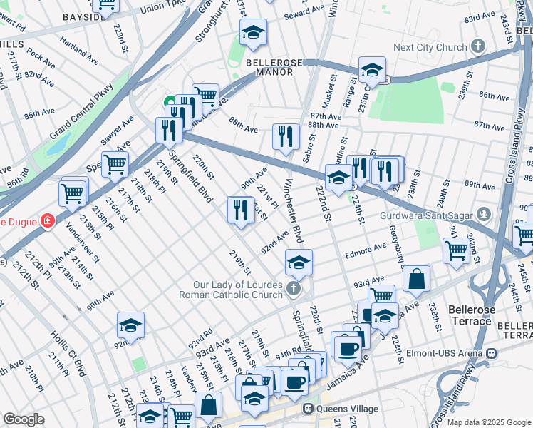 map of restaurants, bars, coffee shops, grocery stores, and more near 221-01 91st Road in Queens