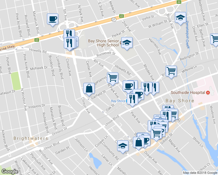 map of restaurants, bars, coffee shops, grocery stores, and more near 19 Garfield Street in Bay Shore