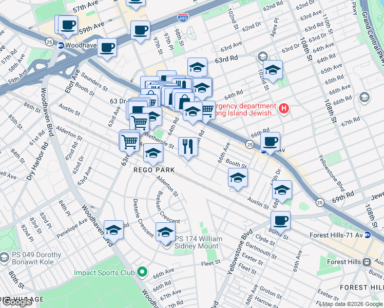 map of restaurants, bars, coffee shops, grocery stores, and more near 64-86 Wetherole Street in Queens