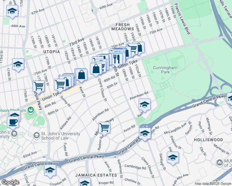 map of restaurants, bars, coffee shops, grocery stores, and more near 187-29 Perth Road in Queens