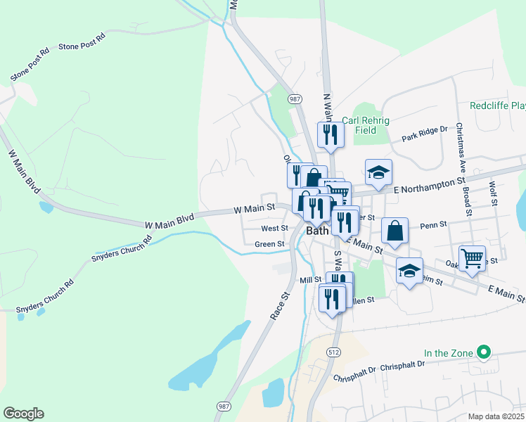 map of restaurants, bars, coffee shops, grocery stores, and more near 346 West Main Street in Bath