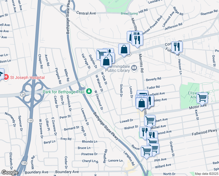 map of restaurants, bars, coffee shops, grocery stores, and more near 37 West Oak Street in Farmingdale