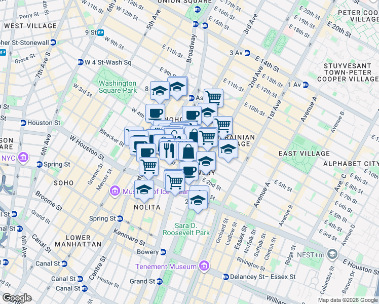 map of restaurants, bars, coffee shops, grocery stores, and more near 348 Bowery in New York