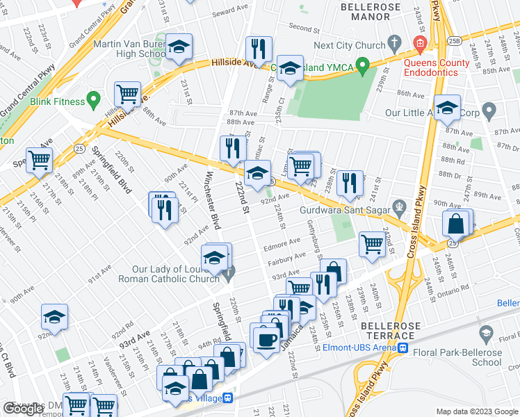 map of restaurants, bars, coffee shops, grocery stores, and more near 222-20 92nd Avenue in Queens