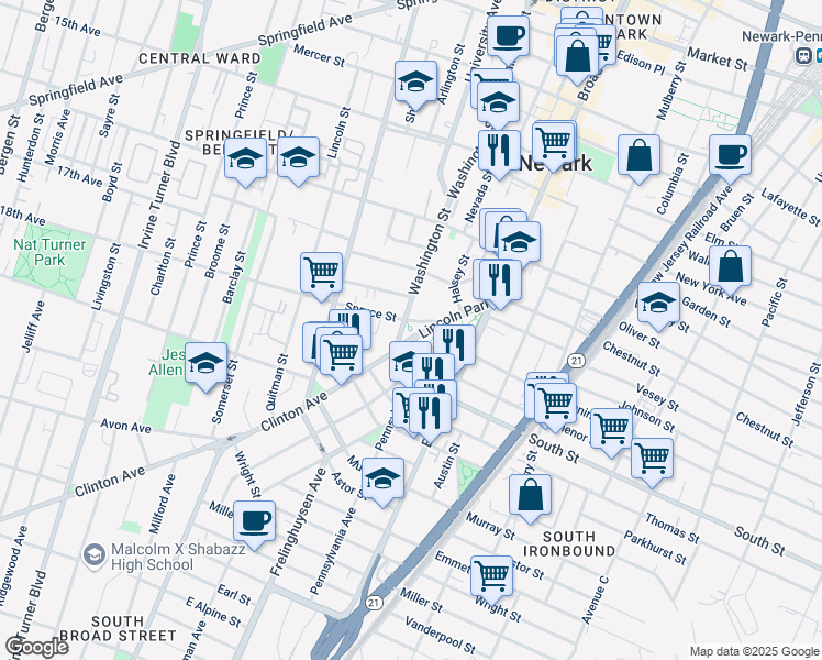 map of restaurants, bars, coffee shops, grocery stores, and more near 50-72 Lincoln Park in Newark