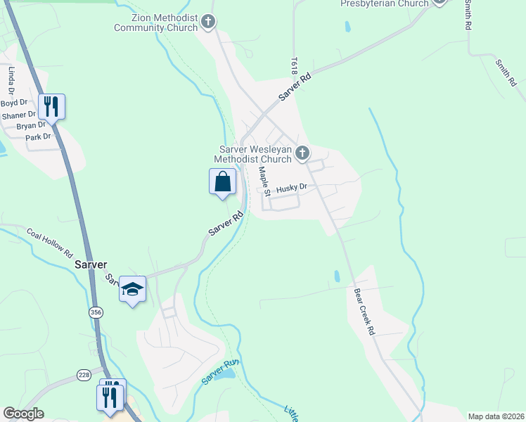 map of restaurants, bars, coffee shops, grocery stores, and more near 114 Linwood Drive in Sarver