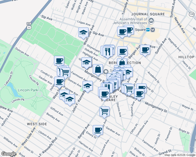 map of restaurants, bars, coffee shops, grocery stores, and more near John F Kennedy Boulevard West & Montgomery Street in Jersey City