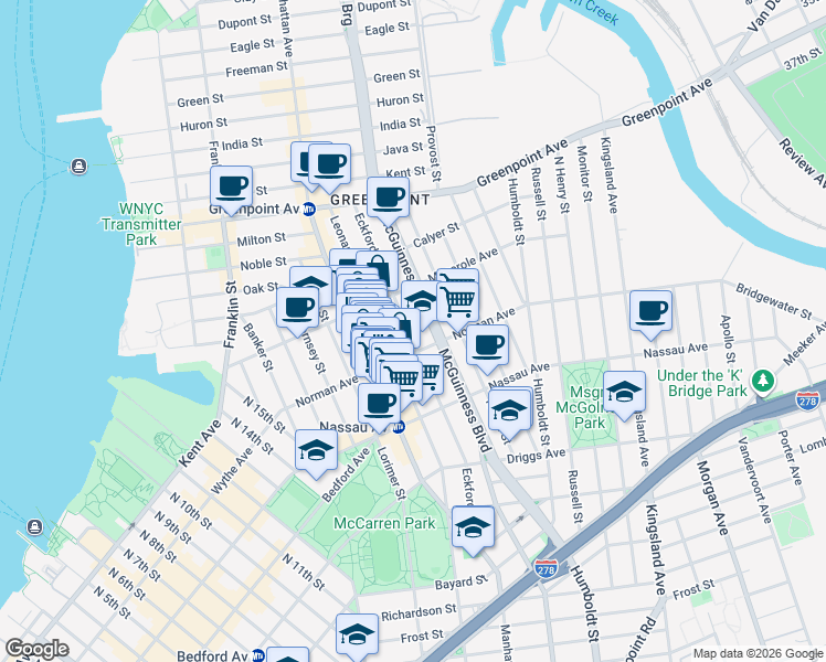 map of restaurants, bars, coffee shops, grocery stores, and more near 208 Eckford Street in Brooklyn