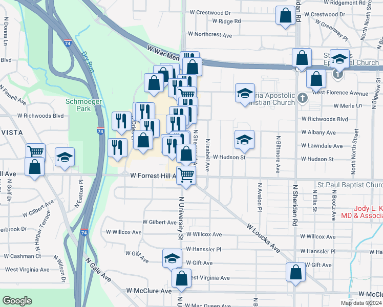 map of restaurants, bars, coffee shops, grocery stores, and more near 1213 West Hudson Street in Peoria