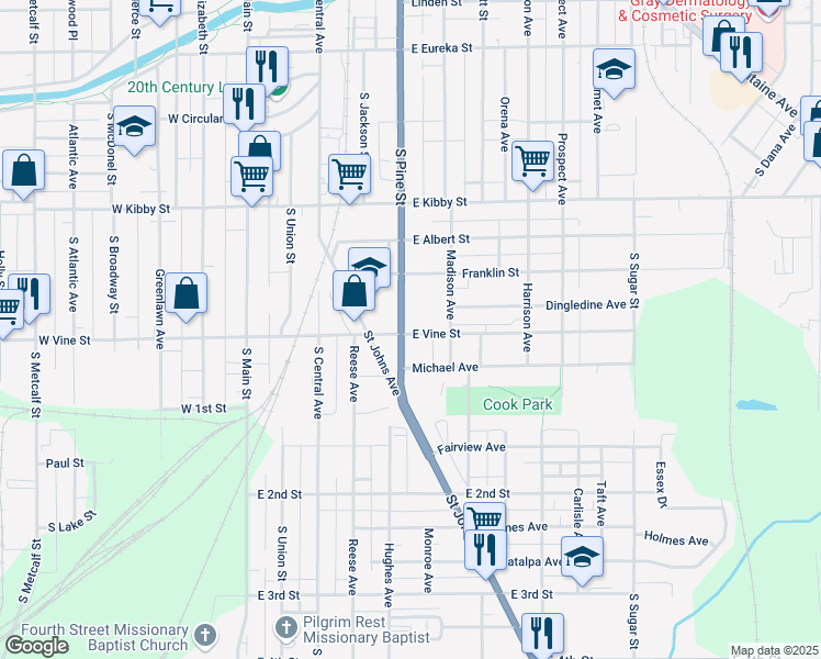 map of restaurants, bars, coffee shops, grocery stores, and more near 501 East Vine Street in Lima