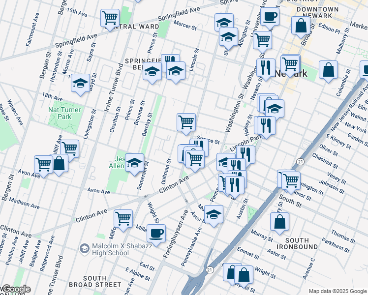 map of restaurants, bars, coffee shops, grocery stores, and more near 751 Doctor Martin Luther King Junior Boulevard in Newark