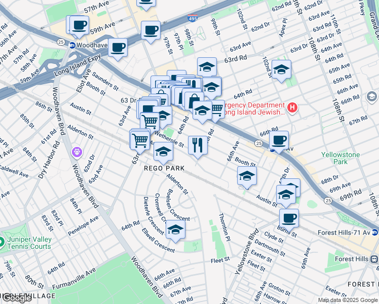 map of restaurants, bars, coffee shops, grocery stores, and more near 64-86 Wetherole Street in Queens