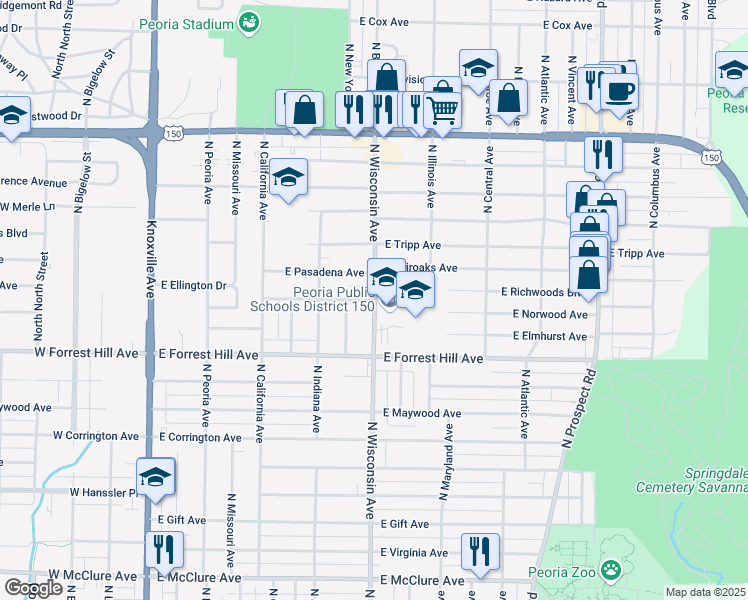 map of restaurants, bars, coffee shops, grocery stores, and more near 698 E Lawndale Ave in Peoria