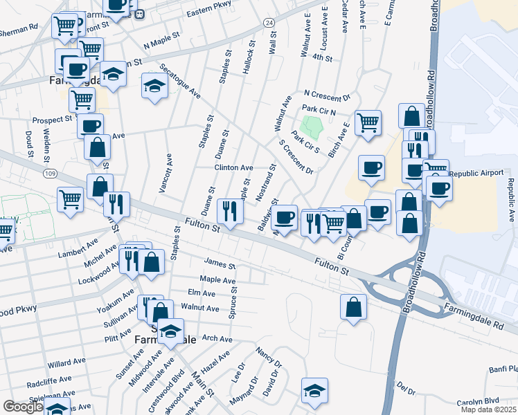 map of restaurants, bars, coffee shops, grocery stores, and more near 35 Nostrand Street in Farmingdale