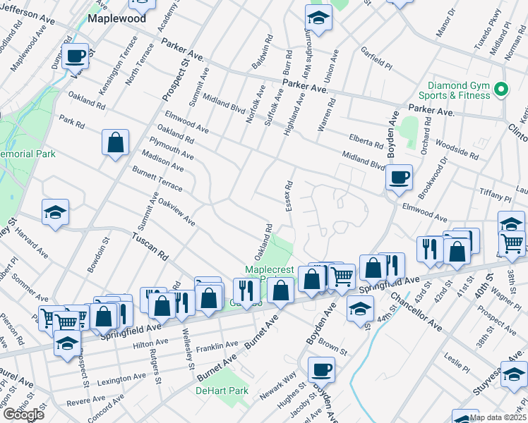map of restaurants, bars, coffee shops, grocery stores, and more near 169 Oakland Rd in Maplewood