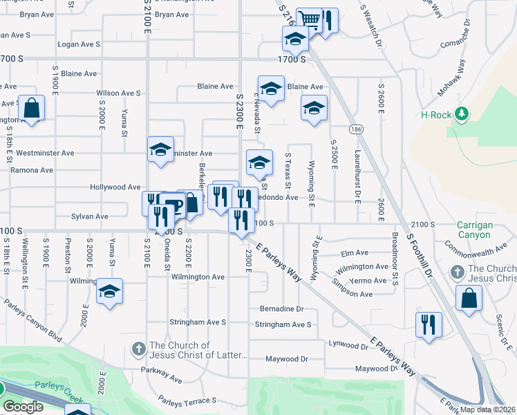 map of restaurants, bars, coffee shops, grocery stores, and more near 2009 East Nevada Street in Salt Lake City