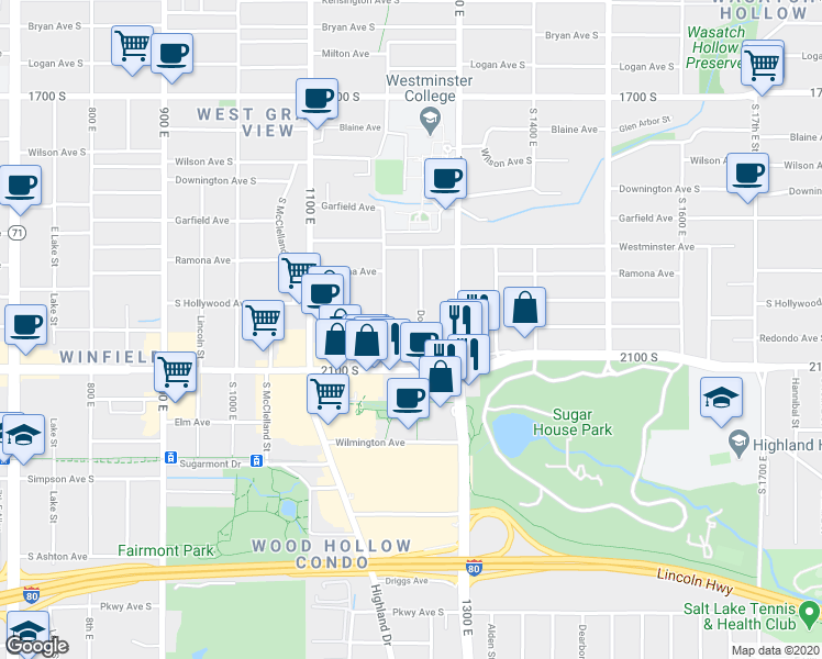 map of restaurants, bars, coffee shops, grocery stores, and more near 2007 Douglas Street in Salt Lake City