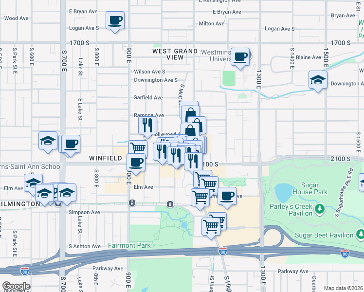 map of restaurants, bars, coffee shops, grocery stores, and more near 2005 South McClelland Street in Salt Lake City