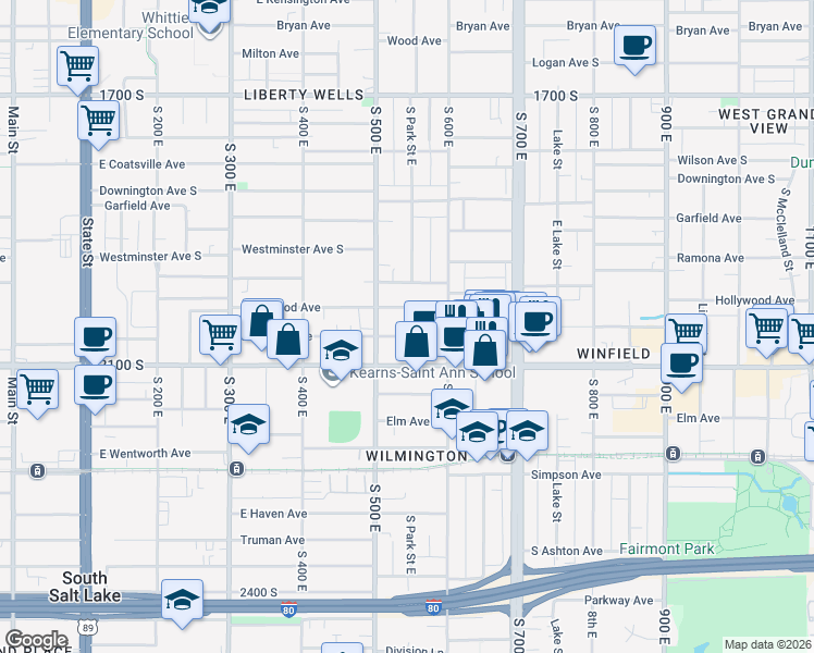 map of restaurants, bars, coffee shops, grocery stores, and more near 523 Redondo Avenue in Salt Lake City