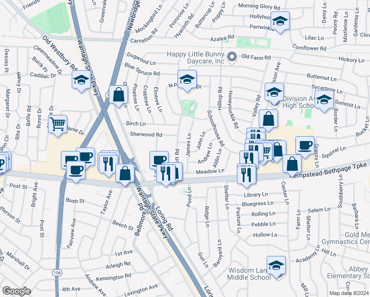 map of restaurants, bars, coffee shops, grocery stores, and more near 63 Wolcott Road in Levittown