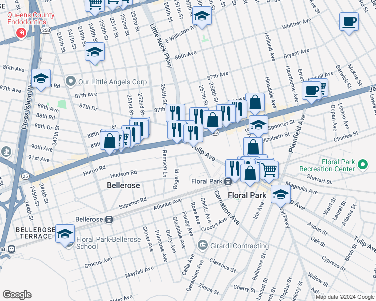 map of restaurants, bars, coffee shops, grocery stores, and more near 15 Florence Street in Floral Park