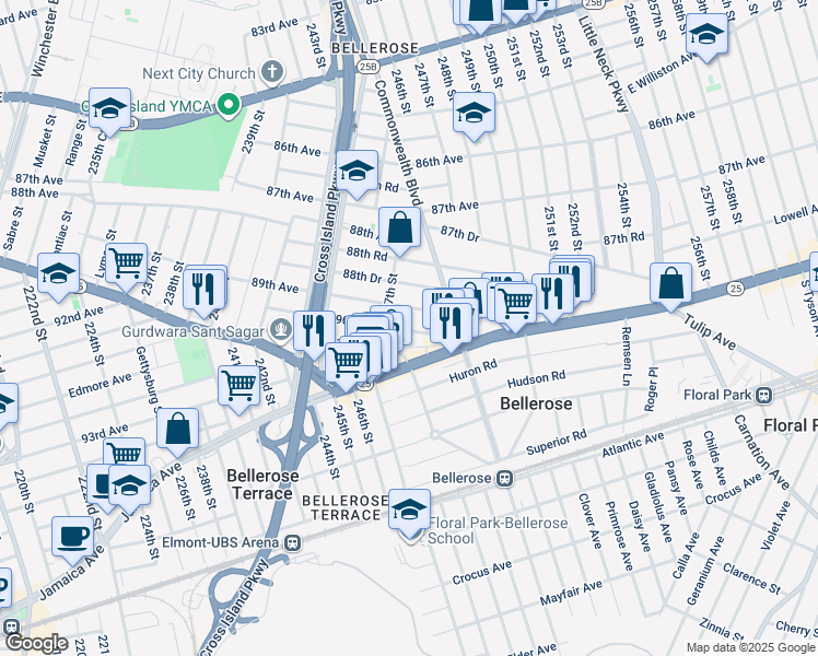 map of restaurants, bars, coffee shops, grocery stores, and more near 247-20 90th Avenue in Queens