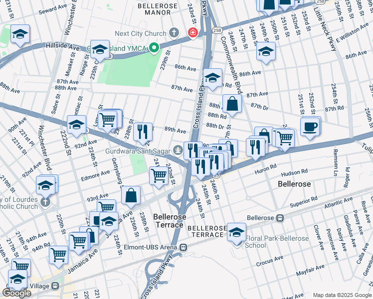 map of restaurants, bars, coffee shops, grocery stores, and more near 242-29 91st Avenue in Queens