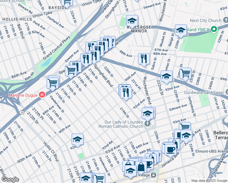 map of restaurants, bars, coffee shops, grocery stores, and more near 90-06 Springfield Boulevard in Queens