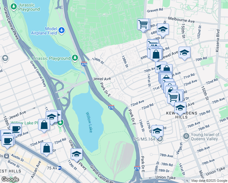 map of restaurants, bars, coffee shops, grocery stores, and more near 70-19 Park Drive East in Queens
