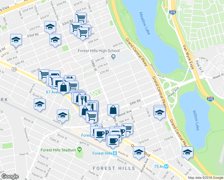map of restaurants, bars, coffee shops, grocery stores, and more near 68th Road in Queens