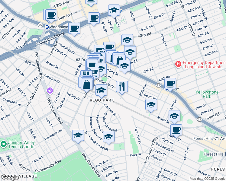 map of restaurants, bars, coffee shops, grocery stores, and more near 64-35 Austin Street in Queens